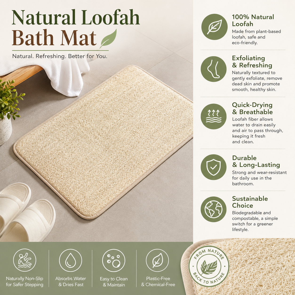 Natural loofah bath mat