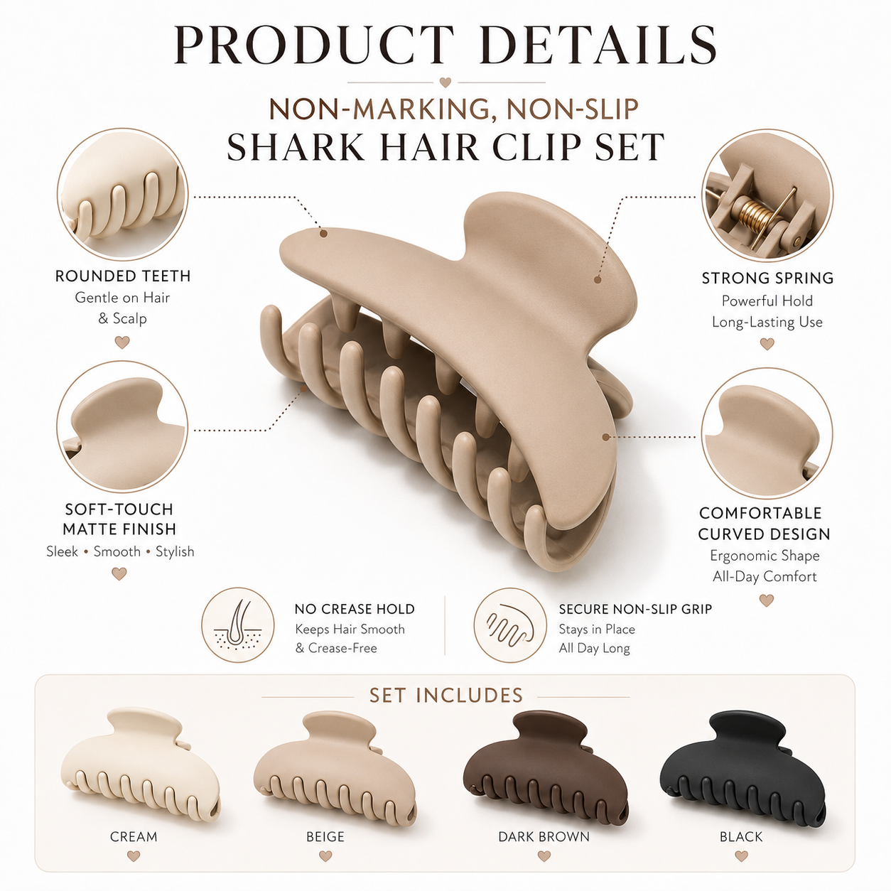 Non-Marking Non-Slip Shark Hair Clip Set | Strong Hold Hair Clips