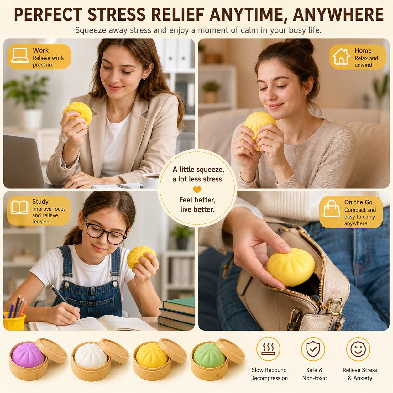 Slow rebound decompression squeezing toy