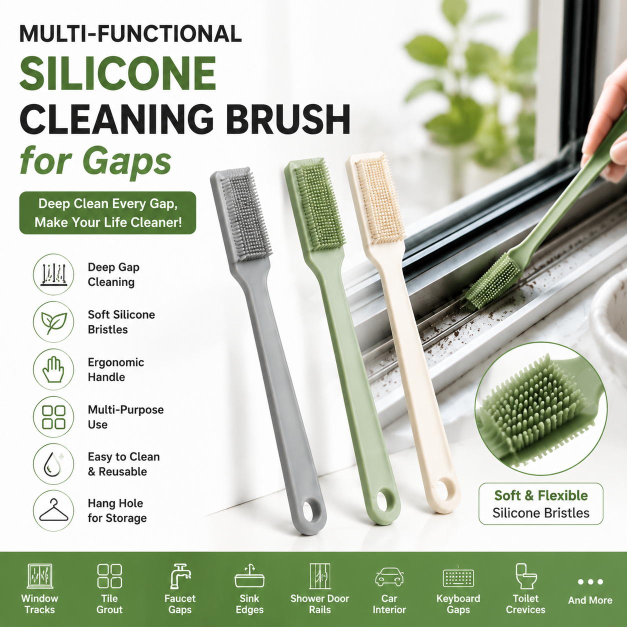 Multi-functional silicone cleaning brush for gaps