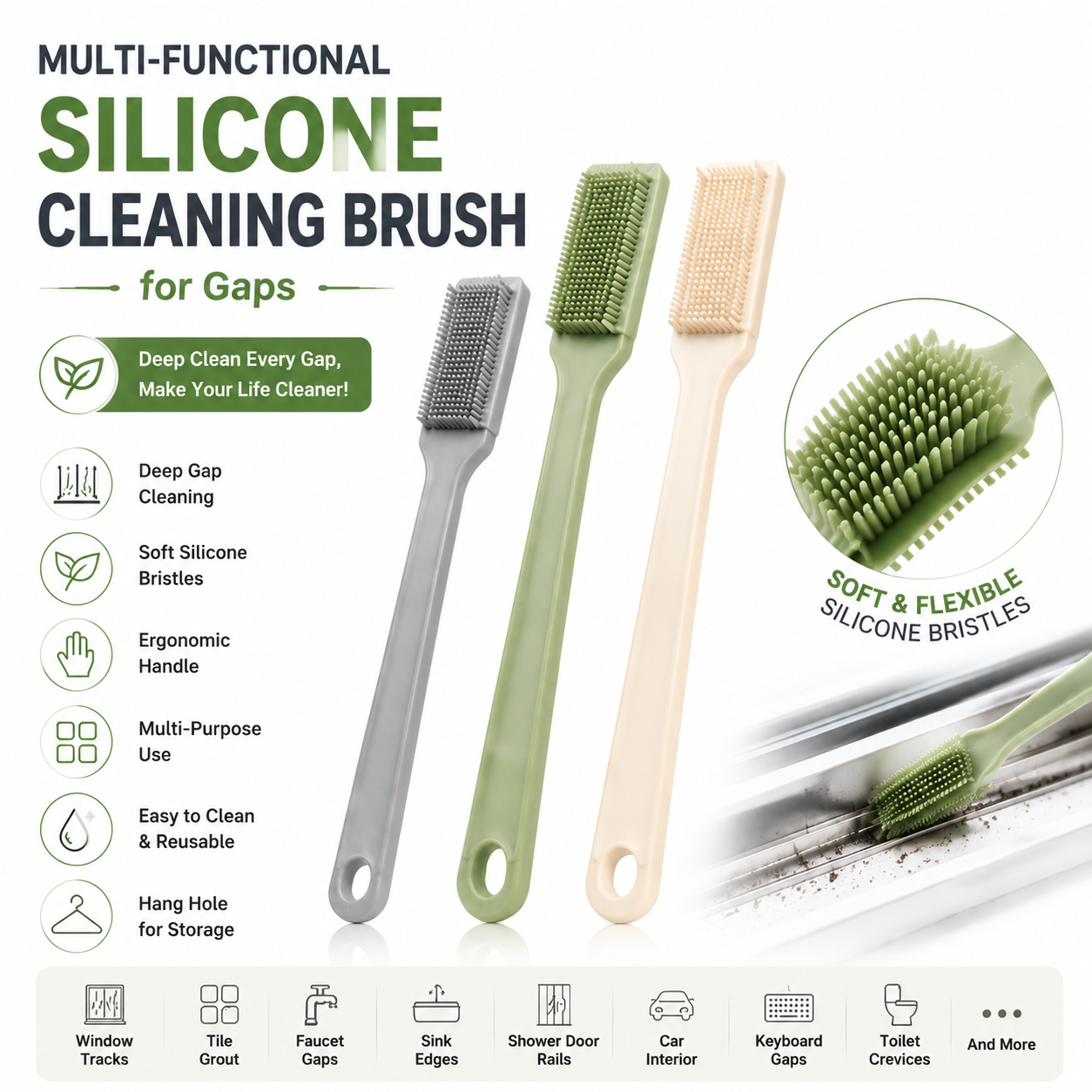 Multi-functional silicone cleaning brush for gaps
