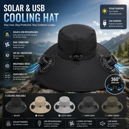 Beat the Heat with the 3-in-1 Cooling Fan Hat – Solar + USB Rechargeable | 360° Cooling | UPF50+ Protection