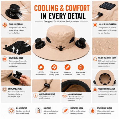 Beat the Heat with the 3-in-1 Cooling Fan Hat – Solar + USB Rechargeable | 360° Cooling | UPF50+ Protection
