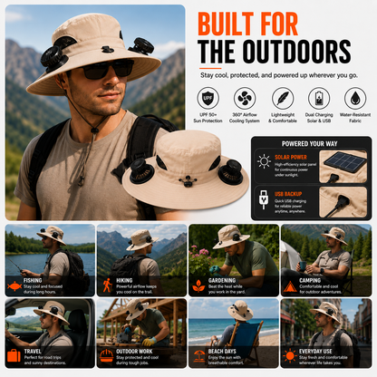Beat the Heat with the 3-in-1 Cooling Fan Hat – Solar + USB Rechargeable | 360° Cooling | UPF50+ Protection